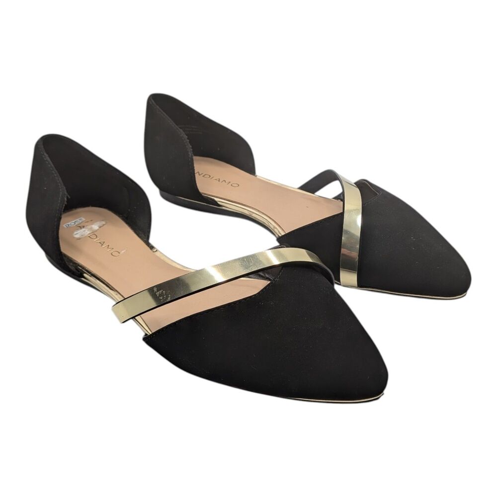 Andiamo Black Suede Pointed Toe D'Orsay Flats Gold Strap Shoes Women's Size 9W